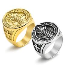 1pc Stainless Steel Saint Benedict Exorcism Cross Pendant, 18K Gold Plated Stainless Steel Ring, Hiphop Jewelry Gift, Daily Wear