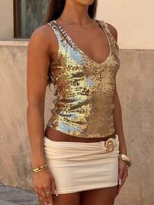 Women Summer Crop Tank Tops Casual Shiny Sequins V-Neck Sleeveless Shirt For Streetwear - Vàng - Xem 6