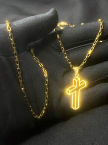 MEN'S CHAIN AND BRACELET SET WITH 3D HOLLOW CROSS PENDANT, 18K GOLD PLATED - 金色 - 查看 1