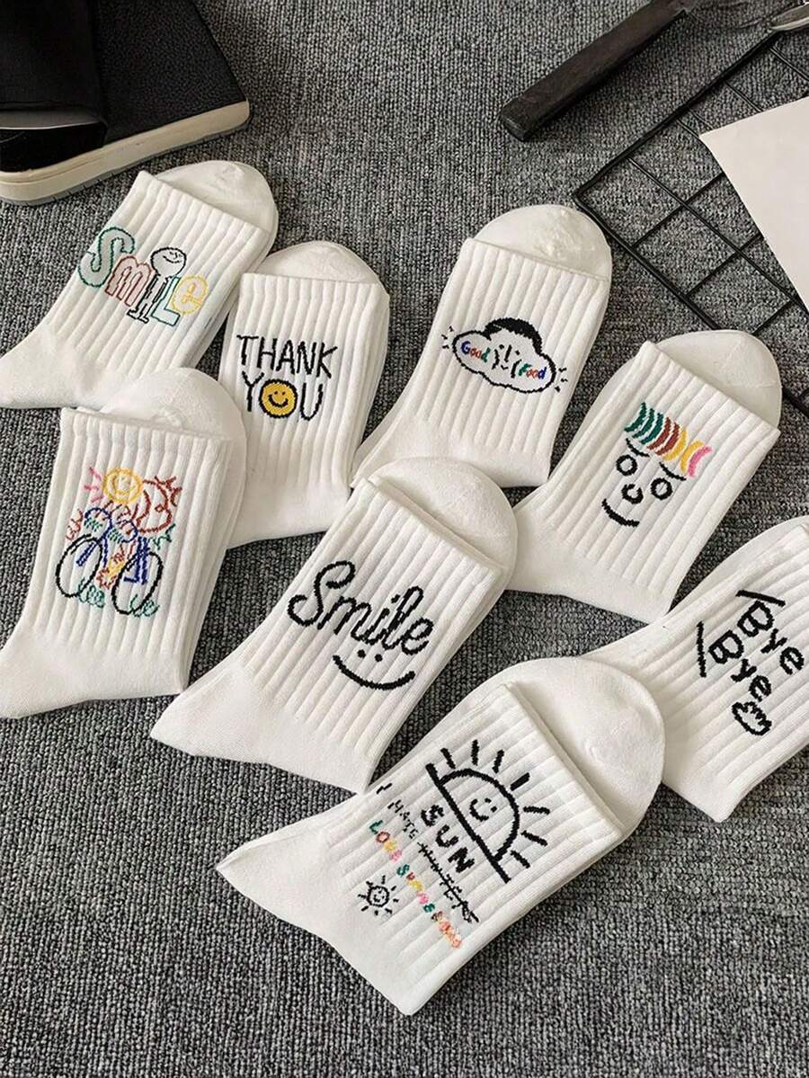 1/5 Pair Men's Comfortable Personalized Smiling Face Pattern Knee-High Socks, Autumn Socks