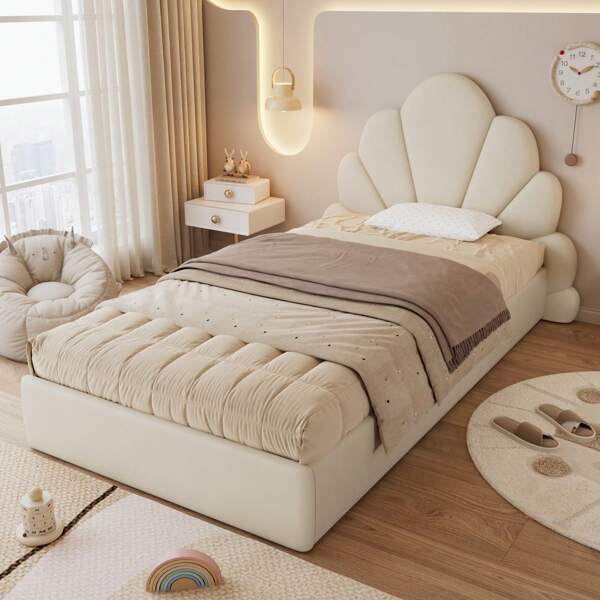 Sairedel Beige fluwelen eenpersoonsbed met bloemblaadjes hoofdeinde – Modern gestoffeerd bed 90x200 cm, elegant en comfortabel bedframe met gebogen design