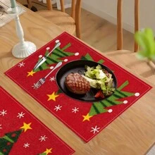 1 pieza/4 piezas/6 piezas Manteles individuales de lino con estampado de copos de nieve y árboles de Navidad, decoración navideña, adecuados para mesa de comedor, todo el año, manteles de mesa modernos y lavables, decoración del hogar, manteles individuales, posavasos, alfombrillas de cocina y comedor, decoraciones de fiesta interior y exterior, regalo ideal