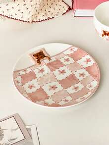Cute Checkered Bear Covered Ceramic Dinnerware Set, Pink Girly Breakfast Bowl & Plate - Multicolor - View 13