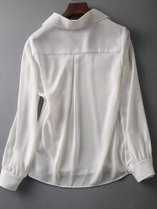 Camisa de mujer, nueva temporada, estilo profesional, camisa blanca de gasa con lazo, manga larga de gasa. - Blanco - Ver 7