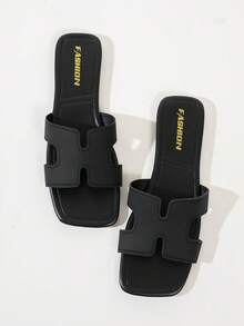 Damen Flache Sandalen, vielseitige schwarze Lässig Offener Zehenpartie Pantoffeln, 2025 Neue Sommer Lässig Strandschuhe, Plastik Slides - Schwarz - Übersicht 5