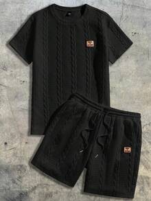 Men's Short-Sleeved Suit With Solid-Color Jacquard Texture, Crew Neck Shirt + Shorts With Pockets And Patches, Suitable For Vacation And Leisure Outings, Spring And Summer Wear, A Great Gift For Family And Friends. - 黑色 - 查看 2