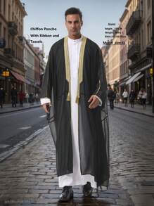 Muslimischer arabischer Herren/Kinder Stickerei leichte Langarm Schiffon/undurchsichtig 3/4 Arm dünne Kimono Oberbekleidung