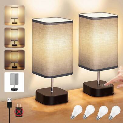 Bedside Table Lamps 1PC/2PCS - Touch Nightstand Lamp For Bedroom, 3-Way Dimmable Desk Lamp Grey Fabric Shade For Bedroom Living Room, Office(Bulb Included)
