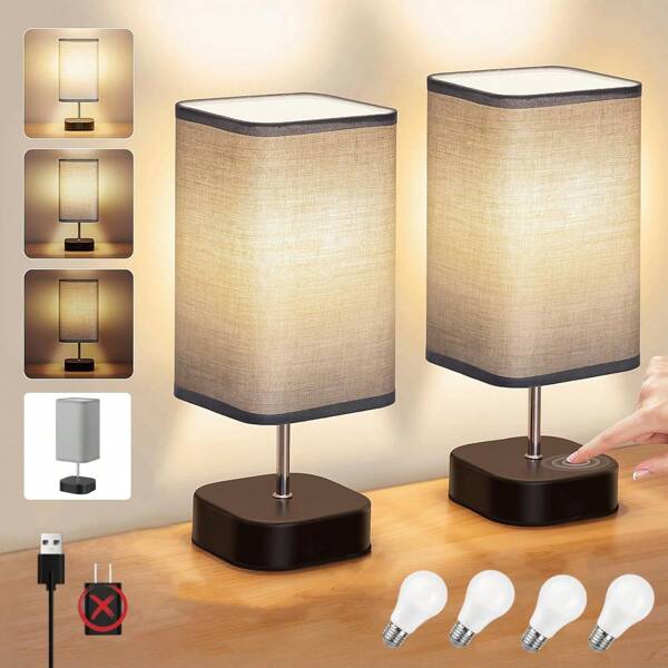 Bedside Table Lamps 1PC/2PCS - Touch Nightstand Lamp For Bedroom, 3-Way Dimmable Desk Lamp Grey Fabric Shade For Bedroom Living Room, Office(Bulb Included)