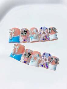 10pcs Y2K Cute Nails Duckbill Shape Blue & White French Handmade Press On Nails, Back To School, White Pearl Star, French Tip, Silver Bow, Blue & White Patterns, 3D Flowers, Full Coverage Decoration; Nail Supplies, Acrylic Press On Nails Homemade Nails DIY, Nail Art, Acrylic False Nails; Suitable For Vacation, Birthday, Parties, Daily Wear; Includes 1pc Nail Sticker & 1pc Mini File - Blue and White - View 3