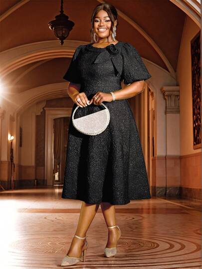 大码女式玫瑰提花泡泡袖A字毕业礼服，适合通勤、优雅鸡尾酒会、半正式舞会、生日、婚礼宾客、毕业典礼、晚宴、返校节、派对及其他场合。