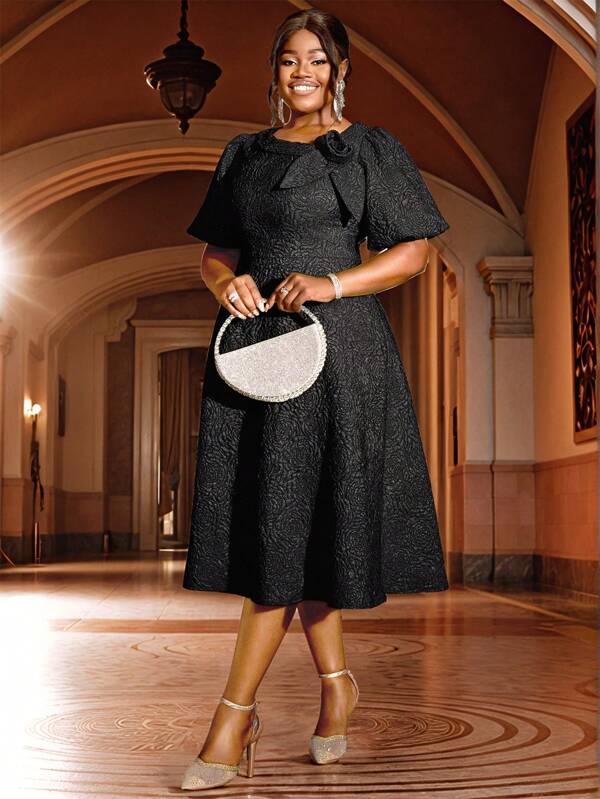 Women Plus Size Rose Jacquard Flared Puff Sleeve A-Line Graduation Dress, Suitable For Commuting, Elegant Cocktail Semi Formal Prom Dress, For Birthday, Wedding Guest, Graduation, Dinner, Homecoming,Party Dress