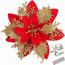 36pcs Christmas Poinsettia Artificial Flowers Decor, Christmas Tree Wreaths Garland Decor, Glitter Flowers Picks Decor For Xmas New Year Wedding Party Ornaments,Christmas