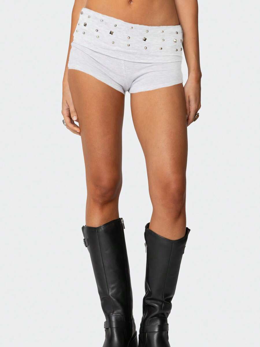 Women Y2K Studded Foldover Summer Hot Shorts Vintage Low Waist Slim Fit Micro Shorts - 灰色 - 查看 1