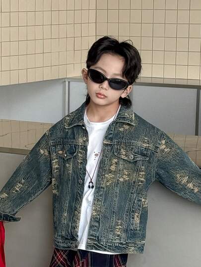 Giacca di jeans con vestibilità ampia per ragazzi, adatta per uso casual, scolastico e all'aperto, autunnale