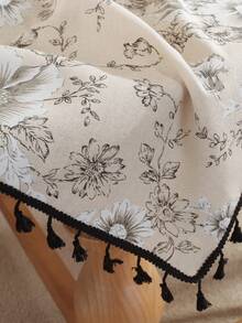 1 件复古黑白花卉流苏桌布，用于咖啡桌、床头柜、家居装饰的装饰罩，适用于餐厅、聚会、晚餐、节日派对、宴会、野餐和露营，四季皆宜