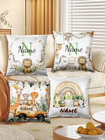 1 funda de almohada personalizada con diseño de camión de la selva y animales salvajes, personalizada con nombre, regalo para fiesta de cumpleaños familiar, sin relleno de almohada, adecuada para decoración del hogar, dormitorio, sala de estar, oficina, impresión de un solo lado, 40*40cm, 45*45cm, 50*50cm