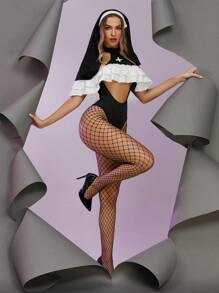 Christmas Valentine's Day Costume Role Play Sexy Lingerie Women's Contrast Color Cross Halter Backless Bodysuit + Cape Costume Set - Black and White - View 2