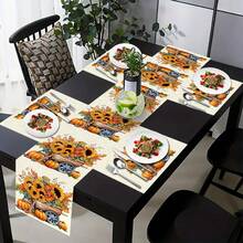 Decoración del hogar, 4 piezas de manteles individuales con estampado de elementos de Acción de Gracias y 1 pieza de camino de mesa, manteles individuales adecuados para mesas de comedor, decoraciones de Acción de Gracias, estilo moderno lavables, resistentes al calor y a las manchas, decoraciones de habitación, manteles individuales, posavasos, manteles de mesa de cocina, decoraciones de fiesta, decoraciones del hogar, regalos ideales de Acción de Gracias