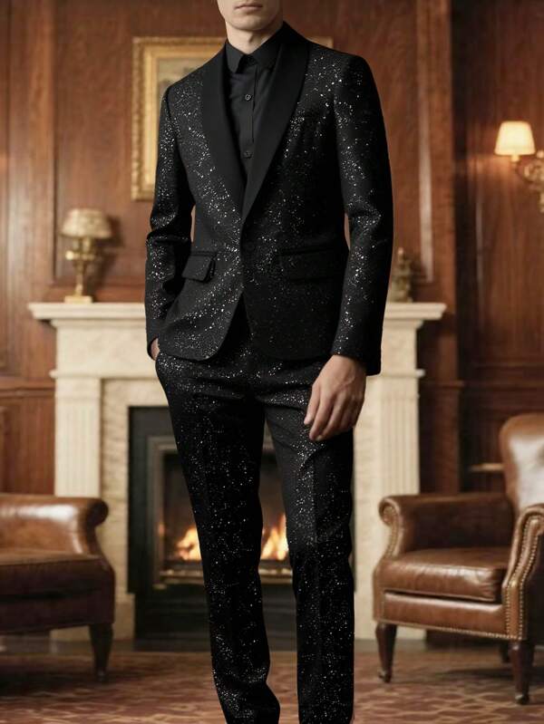 2 piezas Conjunto de traje negro brillante con estrellas para hombre, chaqueta y pantalones, adecuado para negocios, boda, fiesta, banquete y ocasiones formales