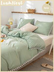 Juego de ropa de cama tipo boho/granja con cubrecama de pompones, 3 piezas: 1 cubrecama con cierre y 2 fundas de almohada, sin edredón. Cubrecama suave y transpirable de microfibra para niños y niñas. - Verde - Ver 1