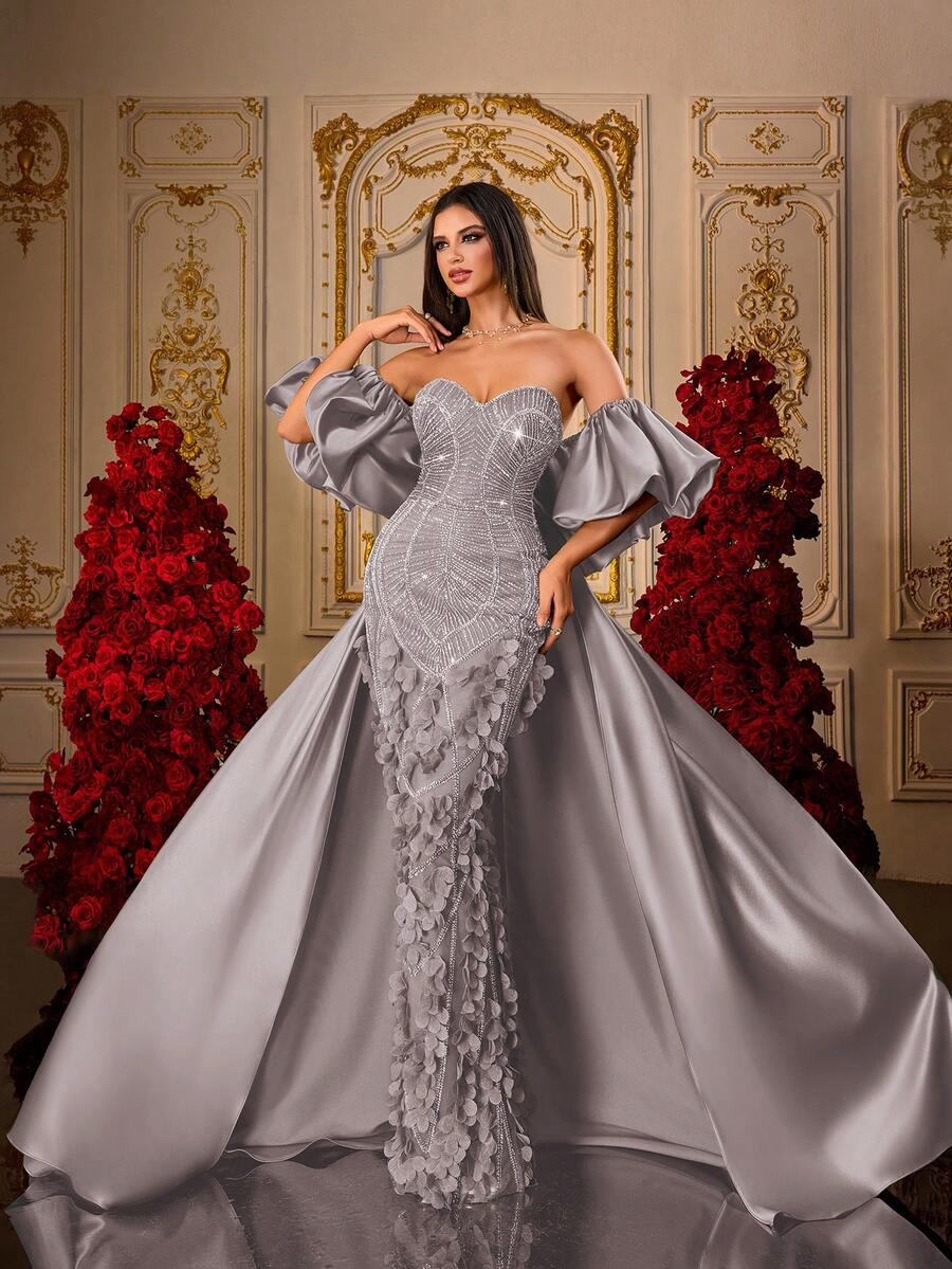 Olive Green 3D Petal Beaded Strapless Satin Mermaid Style Luxurious Palace Style Evening Gown For Wedding Party - Purple - View 1
