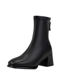Botas de Bico Quadrado Modeladoras, Botas Elásticas Estilo Britânico Antiderrapantes, Botas Curtas de Salto Grosso Versáteis e da Moda, Botas de Trabalho com Zíper Lateral de Couro para Mulheres, Outono/Inverno
