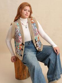 Rusttydustty Giacca smanicata bohémien con stampa geometrica colorblock e patchwork, calda e alla moda, adatta per l'autunno/inverno - Moka Marrone - Visualizzare 7