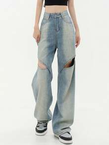 Women' Y2K Ripped Jeans Casual Straight-Leg Baggy Wide-Leg Hollow-Out Design Fashion Denim Pants Street Style Harajuku Clothing