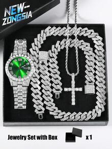 5 Pcs Hip Hop Gift Watch+Cross Pendant Necklace+Bracelet Creative Iced Out Miami Link Chain Jewelry Set For Men And Women - Green - View 2
