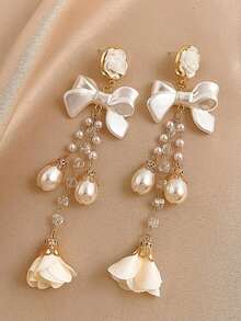 2 件时尚仿珍珠铜链不锈钢耳环配蝴蝶结流苏（均码，运输过程中可能会有轻微划痕，金色珍珠数量随机为 4-12 颗，长度可能因批次而异，但不影响整体外观） - 妈妈礼物、女性礼物、女士耳环、珠宝套装、姐妹礼物、女士珠宝，1 美元 - 金色 - 查看 1