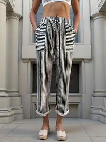 Striped Elastic Waistband Tapered Pants With Diagonal Pockets And Straps, Casual And Versatile, Women's Spring And Autumn Casual Drawstring, Pocket Natural Jogging Cut Black And White Striped Regular Fit Women's Pants, Casual Daily Wear - White - View 7