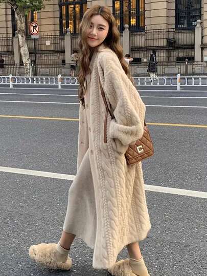 时尚新款女式仿皮草大衣，长款仿貂皮草夹克