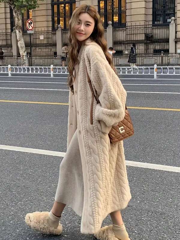 时尚新款女式仿皮草大衣，长款仿貂皮草夹克