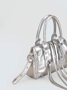 1个闪亮银色拼接铆钉金属流苏拉链装饰复古PU材质腰带可调节双提手设计拉链闭合时尚复古甜美朋克Y2K风格方形手提包，休闲低调奢华女士斜挎包，可装手机、卡包，适合日常、旅行、购物 - 亮銀色 - 查看 10