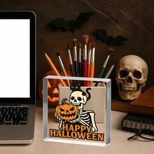 1 Pieza Cartel acrílico de Calabaza con Esqueleto y Gato de Halloween, Placa Feliz Halloween para estantería, escritorio o exhibición de fiesta, relleno de canasta de "Boo", decoración espeluznante, Cartel acrílico de Halloween, decoración del hogar, regalos, regalos de Navidad, regalos de cumpleaños