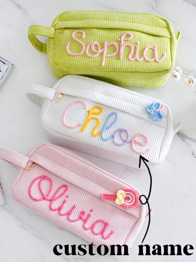 1 pieza Estuche de lápices personalizado, regalo de vuelta al colegio, bolsa de lápices de pana con nombre personalizado, regalo para niños y niñas, regalo de cumpleaños, multifuncional, ornamental, con letra, elegante, moderno, colorido, lindo, adorable, casual, personalizado, único, personalizado, regalo ideal para él, regalo ideal para ella, fácil de usar, primer día de escuela, regalo de Navidad