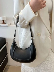 1pc Zipper Closure PU Solid Color Crescent Underarm Bag, Fashion Retro Shoulder Bag For Office/Work, Versatile For Women Daily Use - Black - View 5