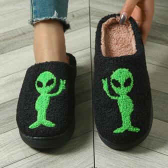 Halloween Nya Gröna Alien Broderimönster Tofflor, Plysch Damtofflor, Halkfria Inomhustofflor, Mjuka & Bekväma Unisex Varma Tofflor För Vintern, Hemtofflor, Plyschtofflor, Tjocka Tofflor För Dam