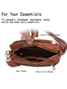 Women's Crossbody Bags With Triple Zipper, Cell Phone Pocket, Leather Handbag, Guitar Strap, Shoulder Bag, Holiday Gift