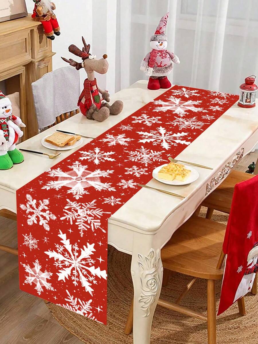 1 Stück 35 x 180 cm/13,78 x 70,87 Zoll Weihnachtstischläufer, Schneeflocken- und rotes Muster, empfohlenes Weihnachtsgeschenk, geeignet für Familientreffen, Partytischdekoration, amerikanisches Weihnachtstextil, anwendbar als Weihnachtsgeschenk und Feiertagsdekoration