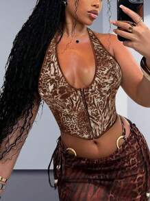 Apperloth A Top corset con escote en V, impresión de leopardo, ojales, cordones delanteros y parte posterior para fiestas, diseño retro Y2K
