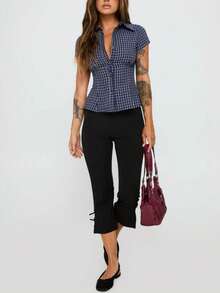 Women Y2K Plaid Summer Short Sleeve Button Up Shirt Collared Slim Fit Casual Blouse Top - 深色水洗藍 - 查看 6
