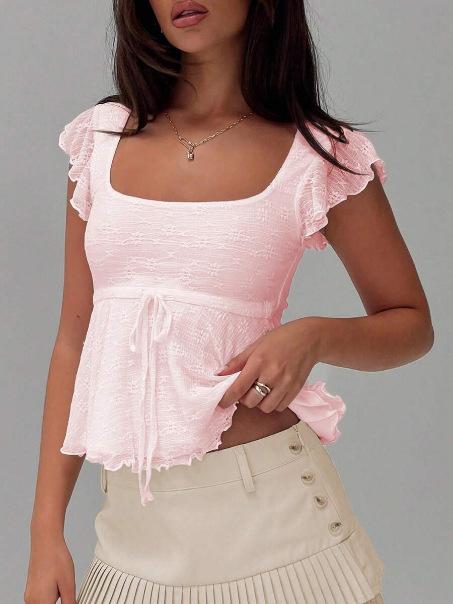 Women Y2K Floral Square Neck Slim Cropped Tank Tops Flying Sleeve Tie-Up Solid Color Bow Front Jacquard Flowy T-Shirt Summer Cute Going Out Tops Daily Casual Streetwear - Hồng - Xem 1