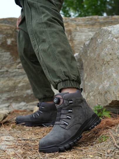 男女款旋转扣钢头鞋，耐用高帮钢头工作靴，黑色，加大码，适用于工业、建筑、仓库，防砸、防刺穿，四季皆宜