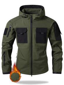 Men's Fashion Multi-Pocket Fleece Lined Windbreaker Jacket - Polyester, Zipper Pockets For Convenience, Adjustable Cuffs, Suitable For Autumn/Winter Hiking, Fishing, Outdoor Activities