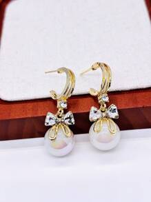 1 Pair New Mermaid Pearl Shiny Bow Earrings For Women, Elegant French Style Versatile Charming Personalized Earrings