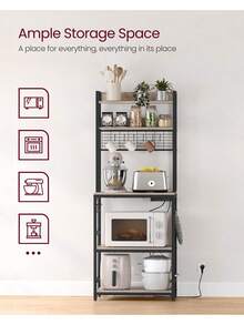 Kitchen Storage Rack With Power Outlet, Coffee Bar, Baker's Rack, With Metal Wire Panel, 14 Hooks, For Microwave, Steel Frame, 40 X 60 X 170 Cm, Greige And Ink Black - UK Plug(220-240V) - View 2