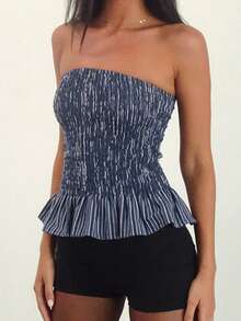 Women Smock Tube Tops Summer Vertical Stripe Print Ruffled Hem Bandeau Backless Shirts For Streetwear - 藍色 - 查看 4