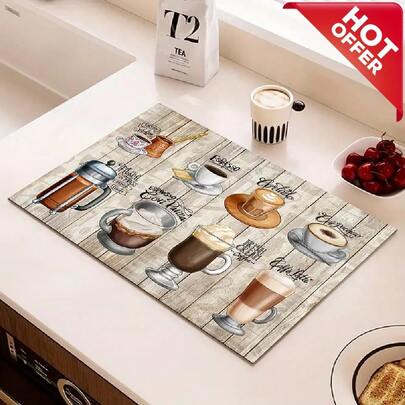 这款咖啡机垫/桌垫/餐垫采用高密度硅藻土材质，具有耐磨、不褪色、防水、易清洁等特点。升级的橡胶底座增强了摩擦力，而全新的图案设计则以现代简约风格展现了咖啡主题元素。厨房地毯